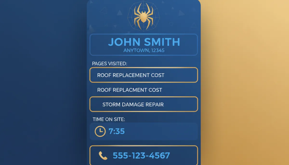 LeadSpyder-style homeowner contact card mockup showing a name, city and ZIP, pages visited such as 'Roof Replacement Cost' and 'Storm Damage Repair', time on site, and phone number, all in a clean blue and gold interface