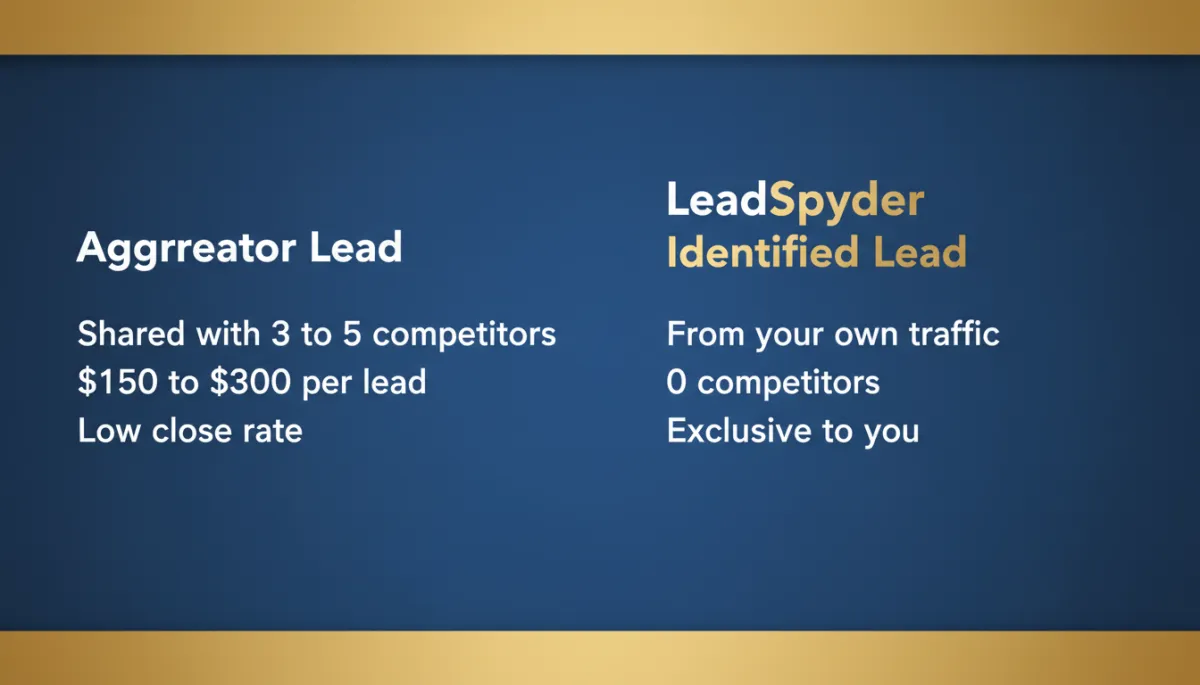 Two-column comparison graphic with bold text only. Left column titled 'Aggregator Lead' listing 'Shared with 3 to 5 competitors', '$150 to $300 per lead', 'Low close rate'. Right column titled 'LeadSpyder Identified Lead' listing 'From your own traffic', '0 competitors', 'Exclusive to you'. LeadSpyder blue #1d79c7 background with gold accent text, clean layout, no charts.