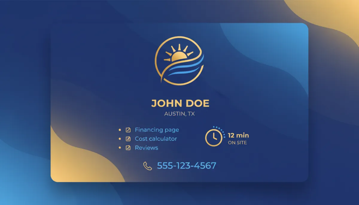 Clean LeadSpyder-style solar homeowner contact card in blue and gold showing a single homeowner name, city and state, pages visited such as 'Financing page, Cost calculator, Reviews', time on site, and phone number, laid out as a simple UI card.