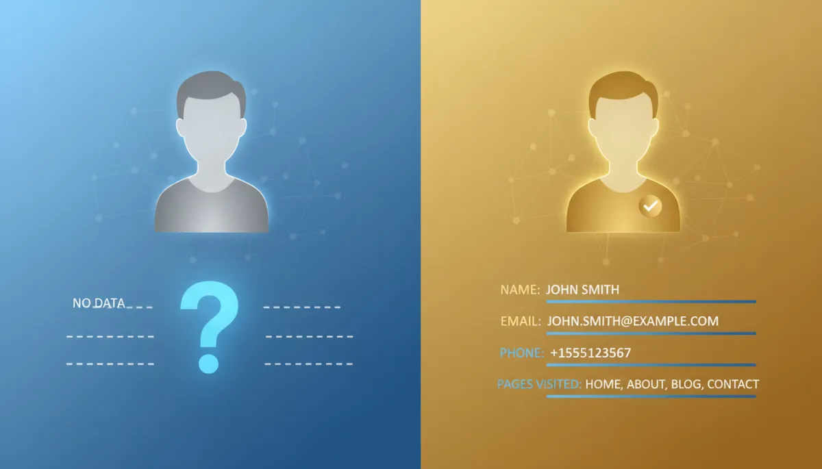 Clean split-screen graphic with left side showing an anonymous visitor icon and a question mark with no data, and right side showing the same visitor now identified with name, email, phone number, and pages visited in a simple blue and gold layout