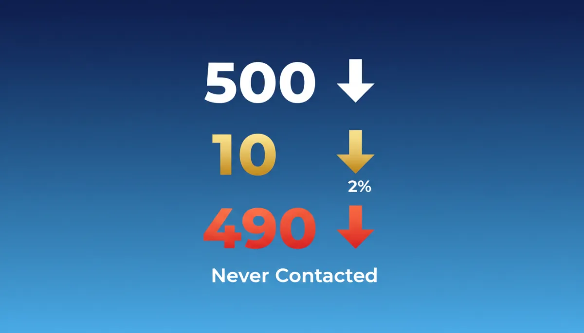 LeadSpyder blue background with three bold stacked stats: '500 Ad Clicks' in white, arrow down, '10 Conversions (2%)' in gold, arrow down, '490 Named Leads You Never Contacted' in red-orange, clean flat design, no charts