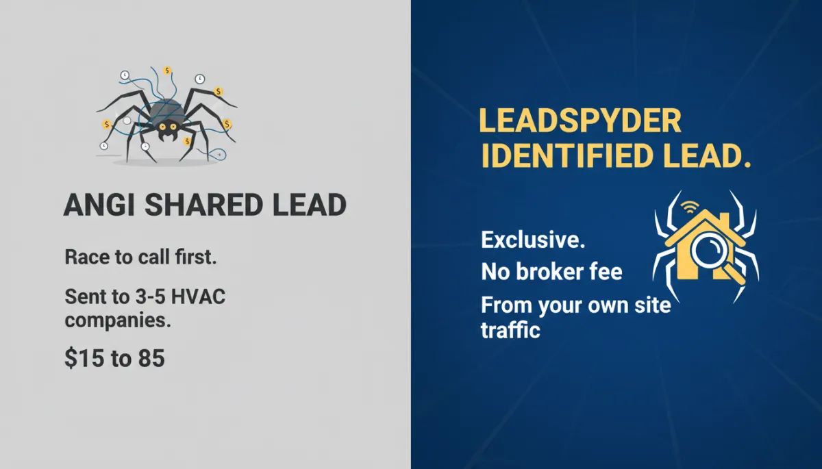 Clean two-column comparison. Left panel labeled 'Angi Shared Lead — $15 to $85, sent to 3 to 5 HVAC companies, race to call first.' Right panel labeled 'LeadSpyder Identified Lead — from your own site traffic, exclusive, no broker fee.' Left side in neutral gray, right side in bold LeadSpyder blue #1d79c7 with gold accent, simple bold typography, no charts.