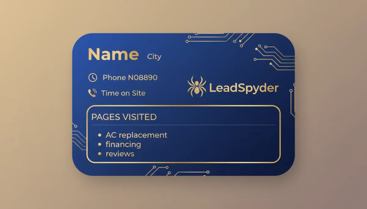 A clean HVAC homeowner lead card UI showing a homeowner name, city, phone number, time on site, and a list of pages visited including 'AC replacement', 'financing', and 'reviews', all in a modern LeadSpyder blue and gold card layout on a neutral background.