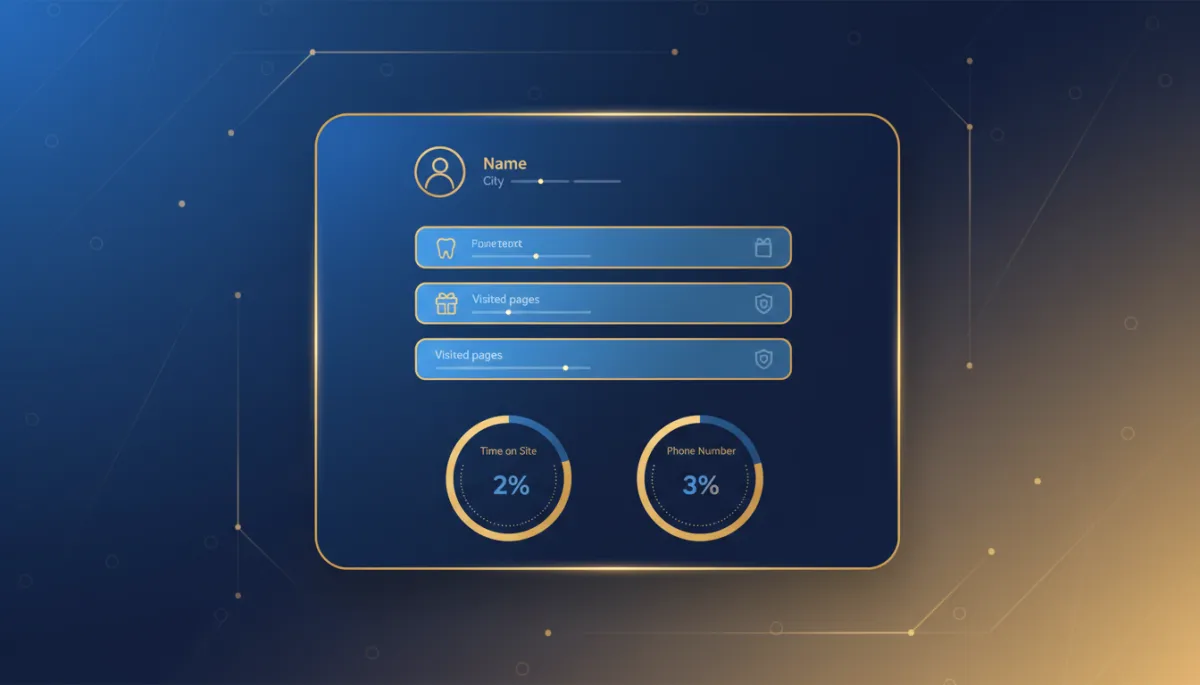 Clean UI mockup of a LeadSpyder-style patient lead card showing name, city, visited pages like Invisalign page, New patient offer, Insurance page, time on site, and phone number in blue and gold interface