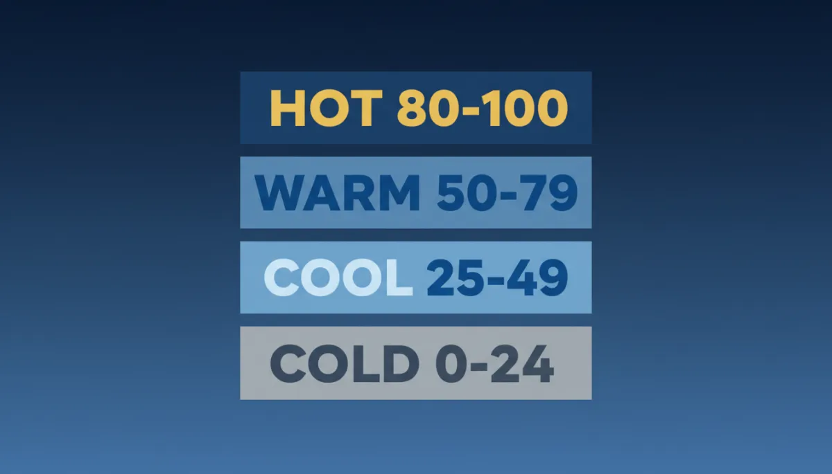 Clean vertical scoring gauge graphic with four stacked tiers labeled from top to bottom HOT 80-100 in bold gold, WARM 50-79 in strong blue #1d79c7, COOL 25-49 in lighter blue, COLD 0-24 in neutral gray, on a simple white or dark blue background, bold typography and minimal design