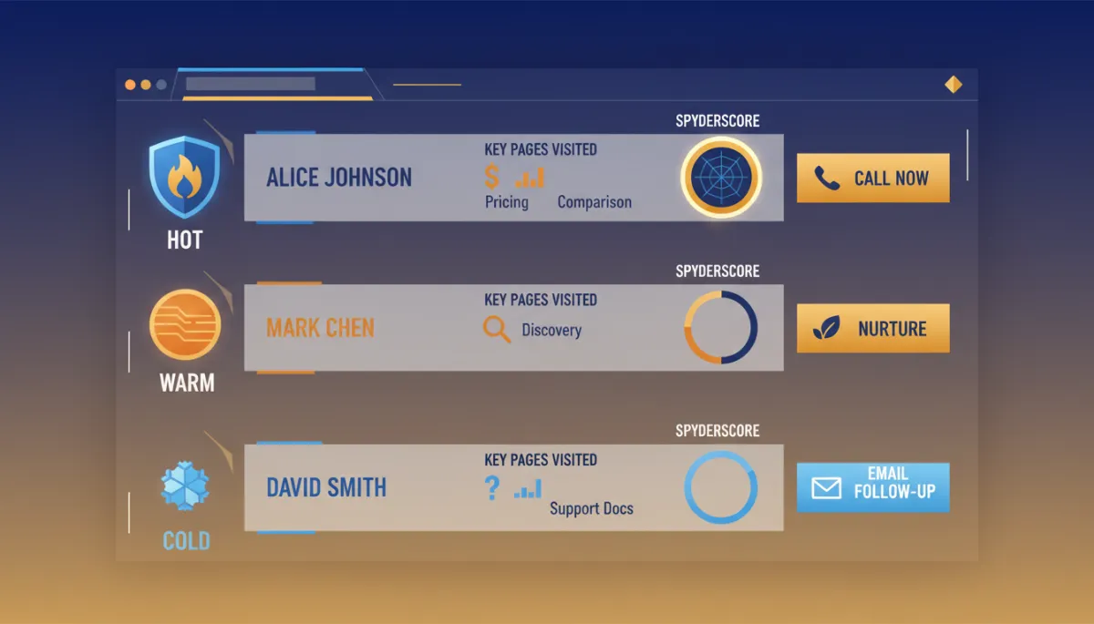 Simple lead priority dashboard mockup with two or three contact rows, each row labeled HOT, WARM, or COLD, showing columns for visitor name, key pages visited like Pricing or Comparison, SpyderScore value, and a clear action label such as Call Now or Nurture, using blue and gold LeadSpyder styling on a clean interface
