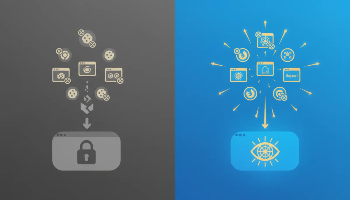 Two-column visual comparison showing third-party cookies on the left in muted gray with blocked icons and browser logos, and LeadSpyder first-party signals on the right in bright blue #1d79c7 with gold accent arrows, labeled 'No cookies needed' and 'Works across major browsers'