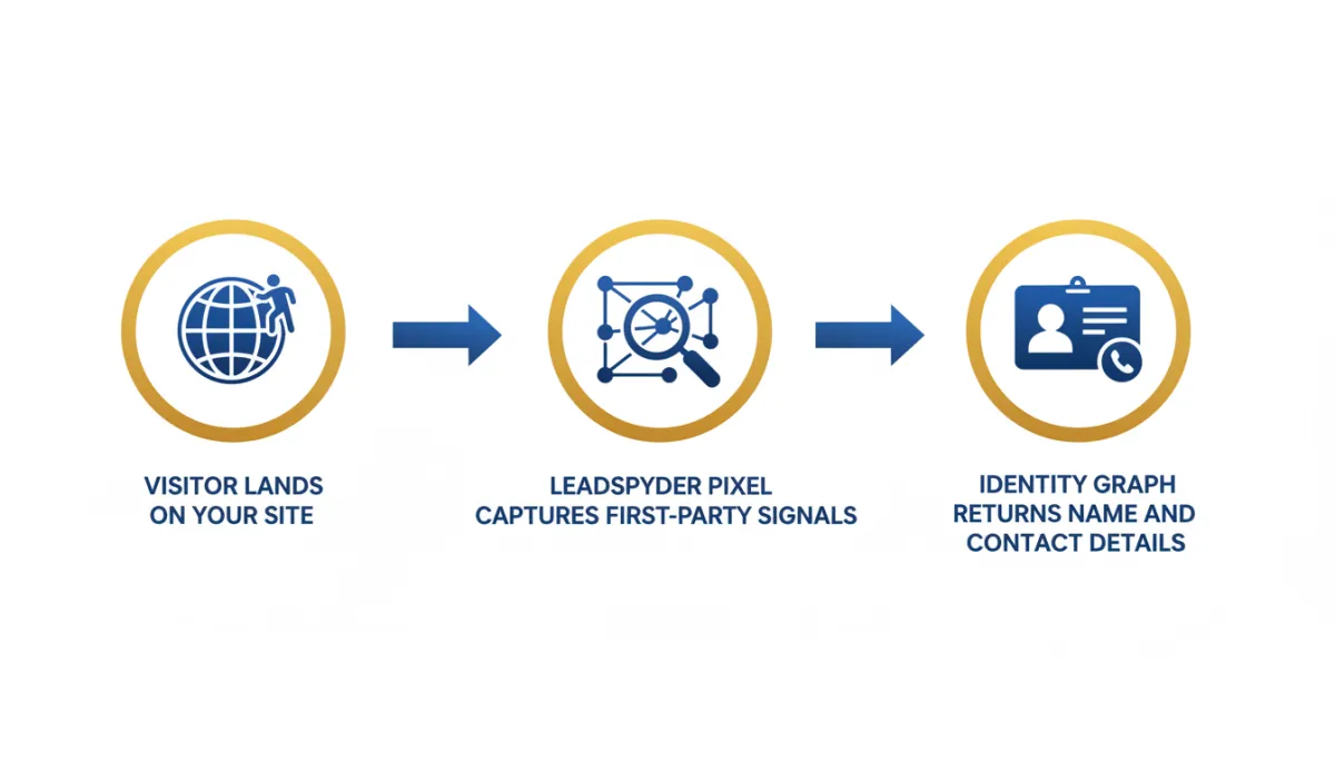 Three-step flow diagram with simple icons on a white background, blue #1d79c7 and gold accents. Step 1 labeled 'Visitor lands on your site', Step 2 labeled 'LeadSpyder pixel captures first-party signals', Step 3 labeled 'Identity graph returns name and contact details'. Arrows connect each step left to right.