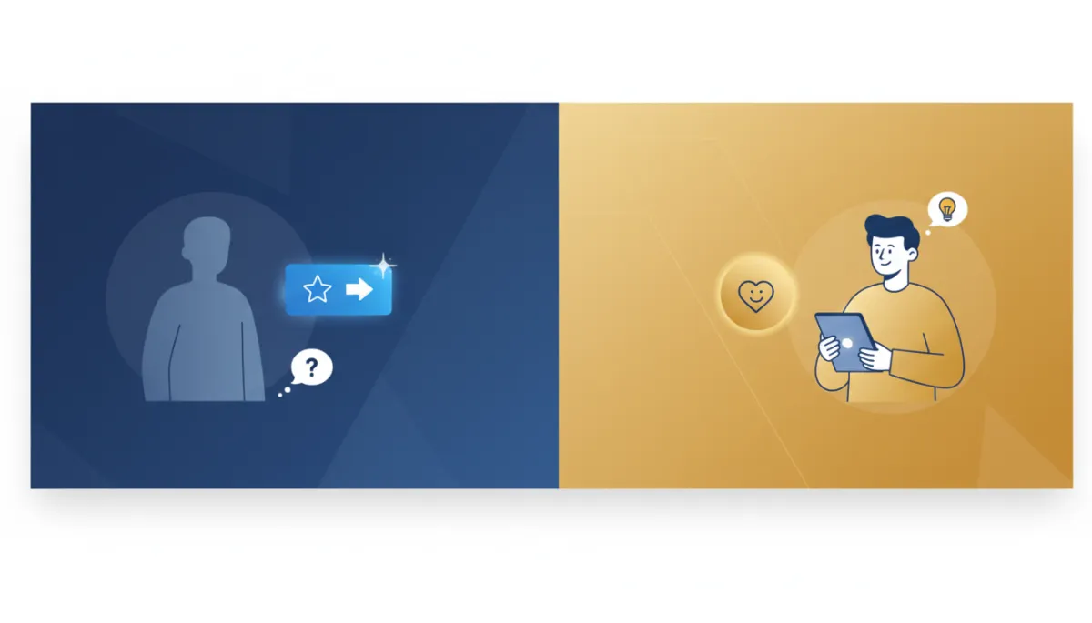 Before-and-after split screen showing anonymous visitor with generic CTA on left and identified HOT visitor with personalized CTA on right, blue and gold branding