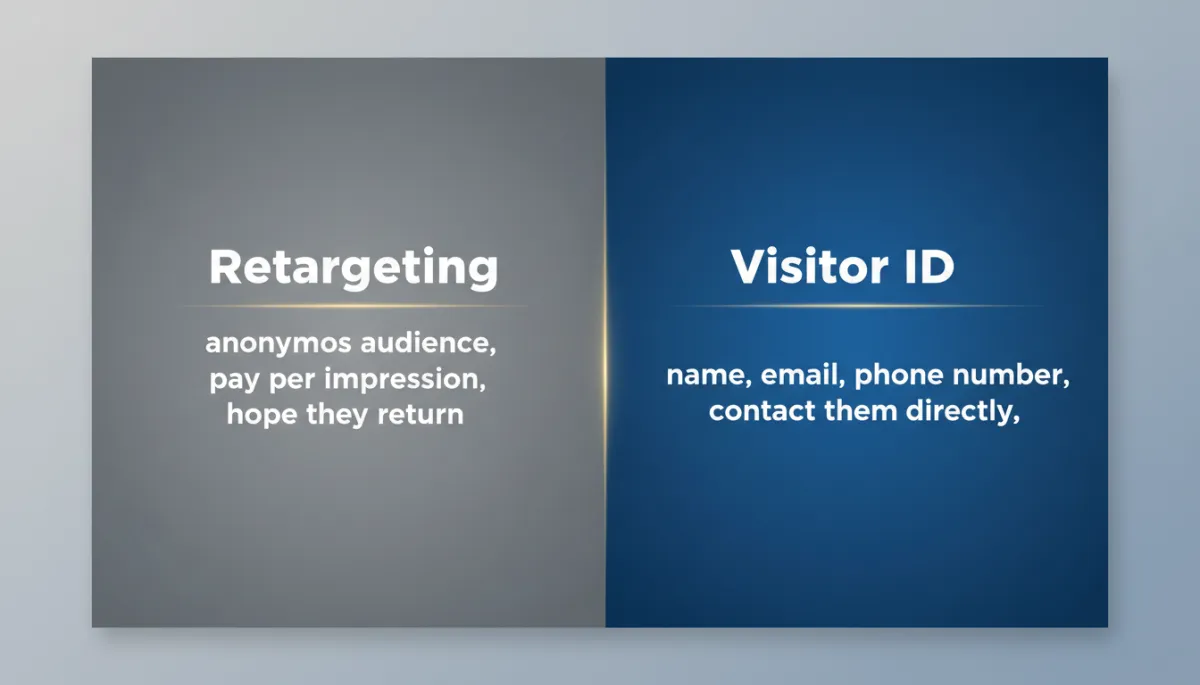 Clean two-column comparison graphic, left column gray with heading 'Retargeting — anonymous audience, pay per impression, hope they return', right column in bold LeadSpyder blue #1d79c7 with heading 'Visitor ID — name, email, phone number, contact them directly', simple bold text only, no charts, subtle gold accent lines