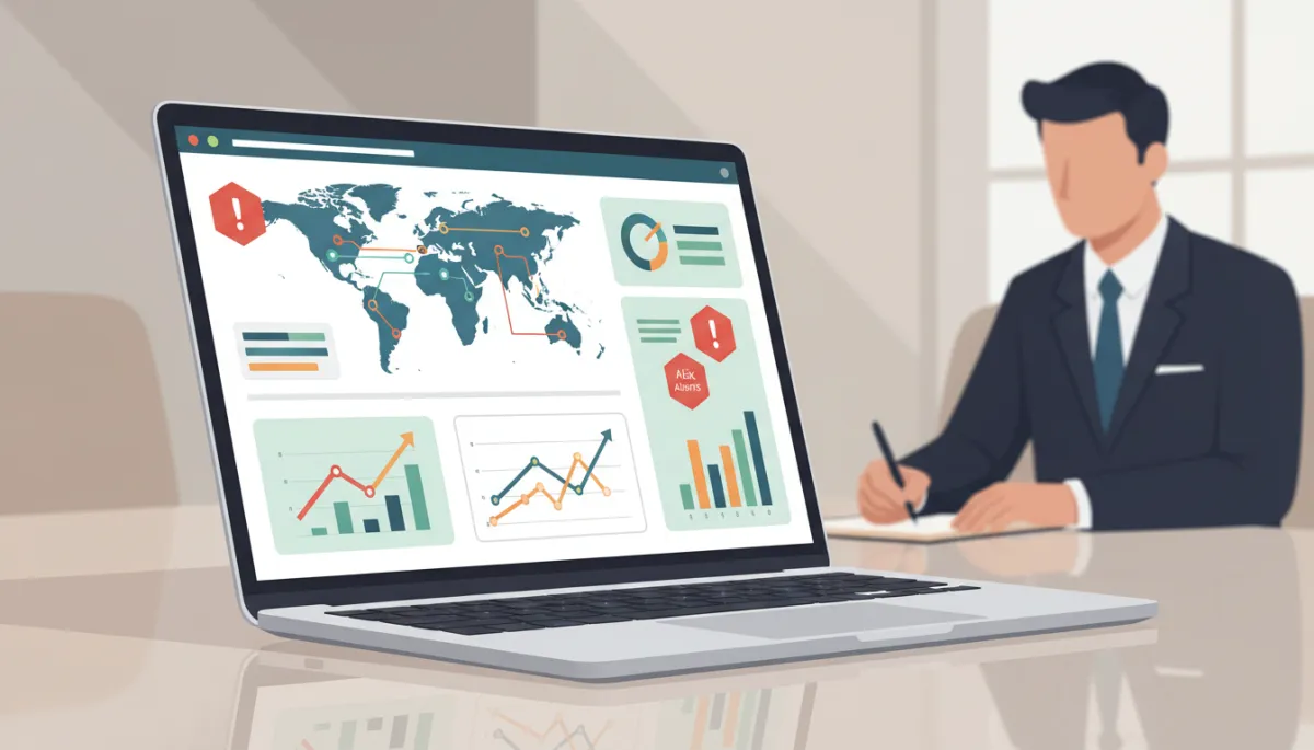 Dashboard showing AI-driven supply chain metrics and risk alerts on a laptop in a meeting