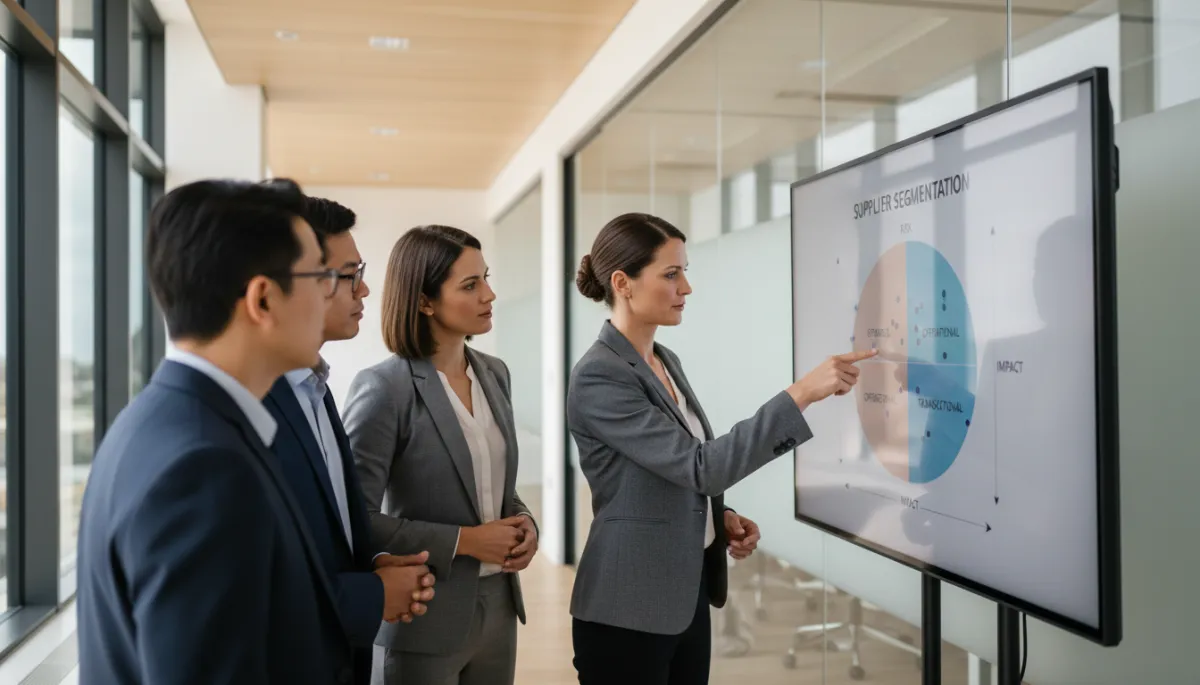 Procurement team reviewing a supplier segmentation chart on a large screen Procurement team reviewing a supplier segmentation chart on a large screen