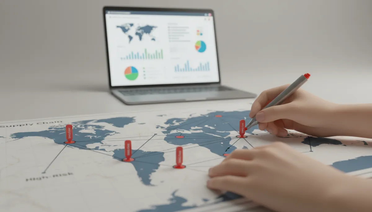 Risk manager highlighting high-risk suppliers on a supply chain map Risk manager highlighting high-risk suppliers on a supply chain map
