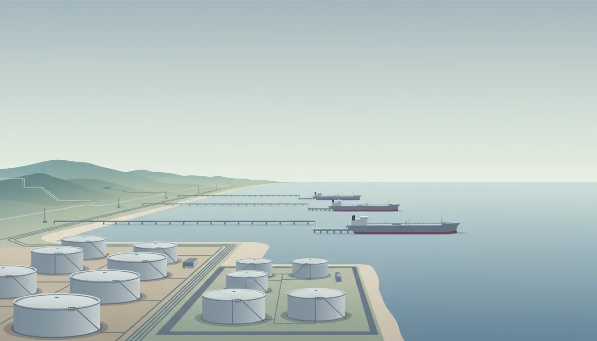 Professional overhead view of a major oil export terminal with storage tanks and tankers Professional overhead view of a major oil export terminal with storage tanks and tankers