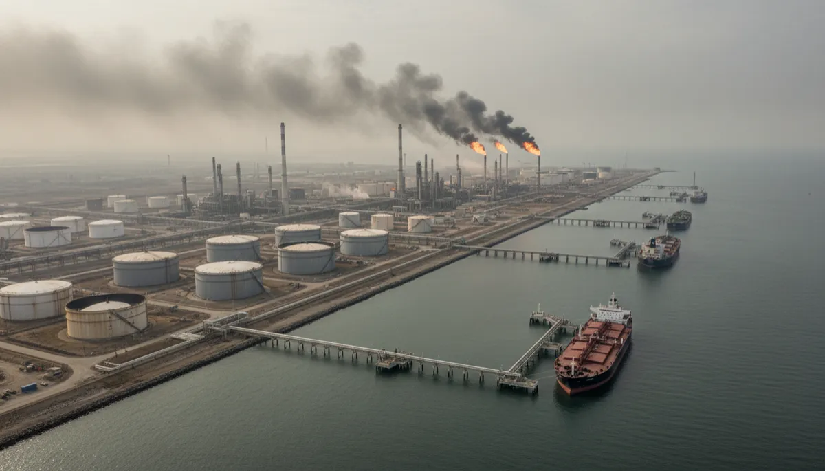 Professional aerial view of a coastal oil refinery and product tankers
