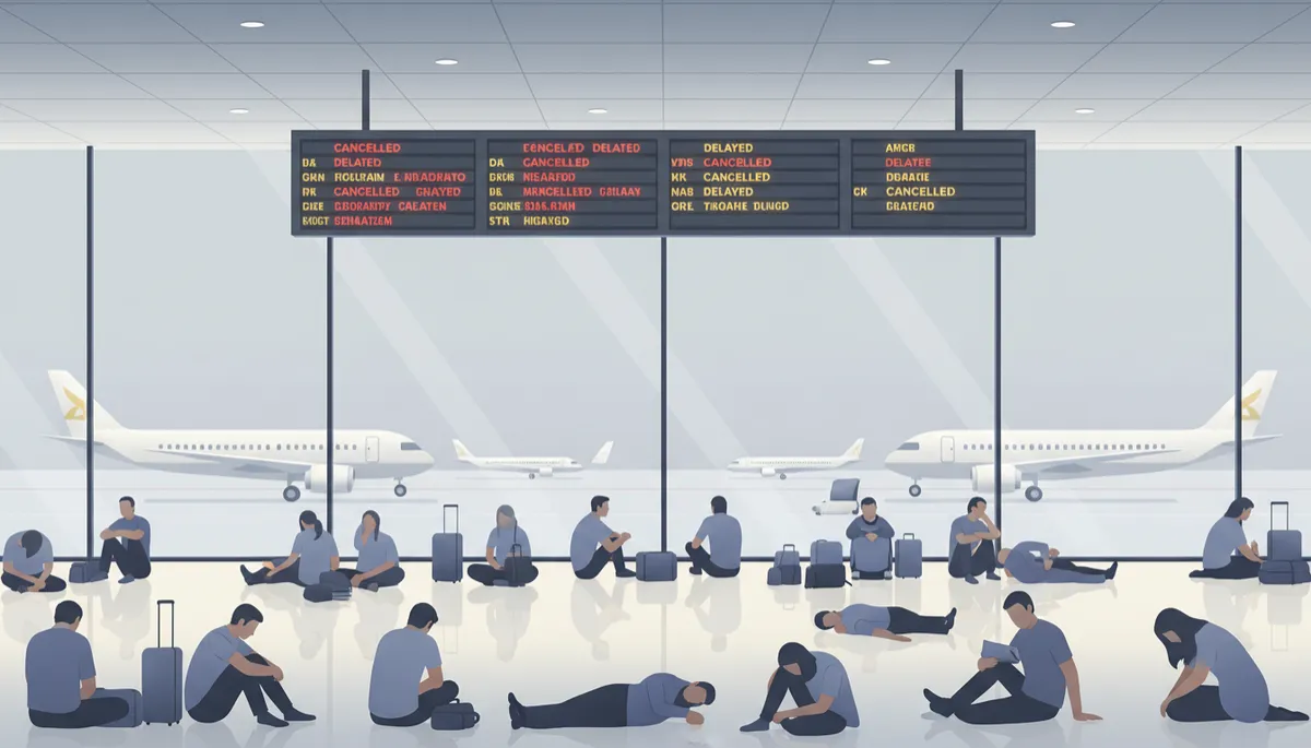 Stranded passengers in an airport departure hall with multiple flight cancellations