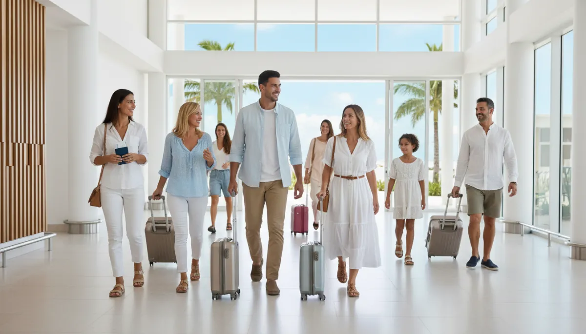 photorealistic wide shot of a modern dental clinic reception with neutral tones and natural light, large windows opening to palm trees and a glimpse of turquoise Caribbean water, smiling international couple at the front desk speaking with a friendly receptionist in professional attire