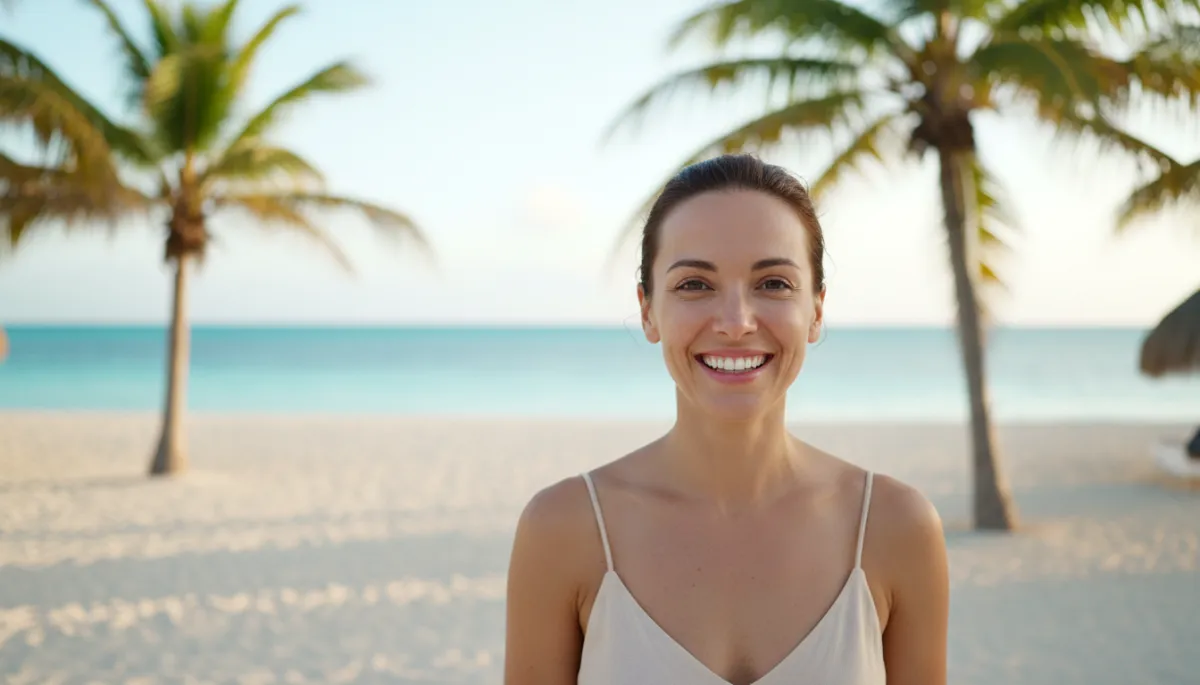 photorealistic, modern dental clinic reception with large windows, neutral tones, smiling international patient shaking hands with dentist in white coat, subtle view of palm trees and Caribbean sea through glass, soft natural lighting