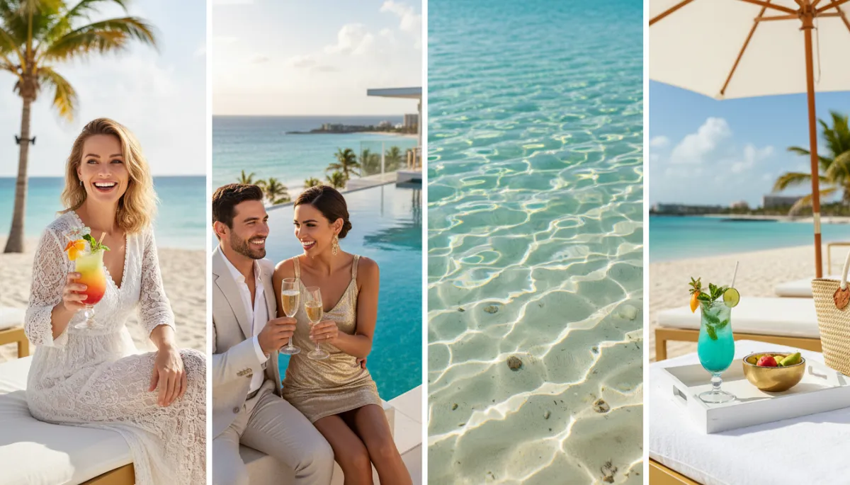 photorealistic close-up of a stylish couple laughing on a white-sand Punta Cana beach at sunset, both showing perfect white veneers, turquoise ocean and palm trees in soft neutral tones behind them