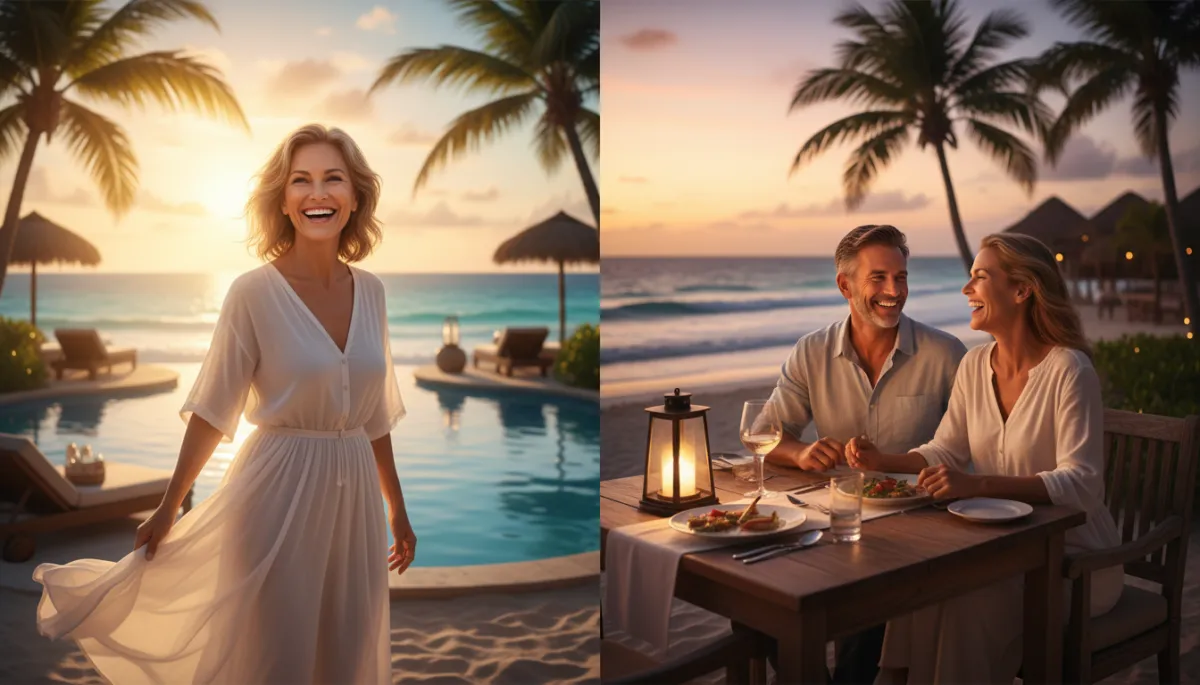 photorealistic smiling middle-aged couple walking along a calm Punta Cana beach at sunset, natural neutral tones, subtle focus on confident smiles showing perfect teeth, soft ocean waves and palm trees in background