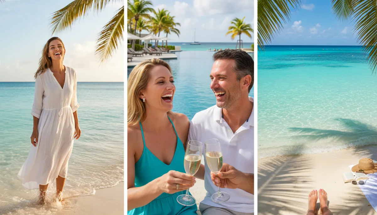photorealistic neutral-toned scene of a middle-aged couple smiling confidently on a Punta Cana beach at sunset, subtle view of white teeth, calm ocean and palm trees in background, soft natural lighting