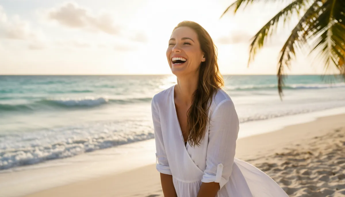 photorealistic close-up of a happy couple with bright white smiles walking along a tropical Punta Cana beach at sunset, turquoise water and palm trees in background, soft neutral color palette