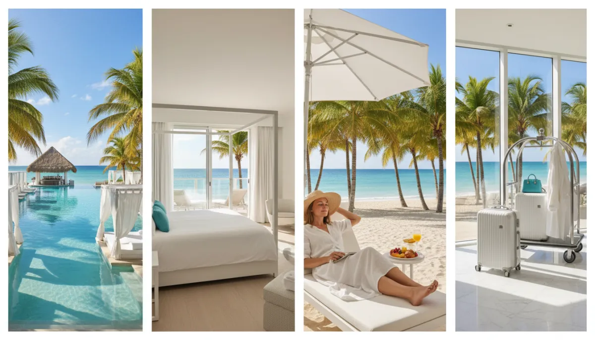 photorealistic aerial view of a modern dental clinic nestled among lush palms, surrounded by luxury Caribbean beachfront resorts and apartments at golden hour, warm lighting and turquoise sea in the background