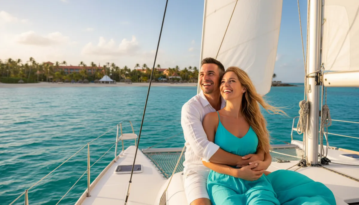 photorealistic wide sandy Punta Cana beach at golden hour, relaxed couple in resort wear laughing with bright confident smiles, turquoise water and palm trees in background, subtle neutral color palette