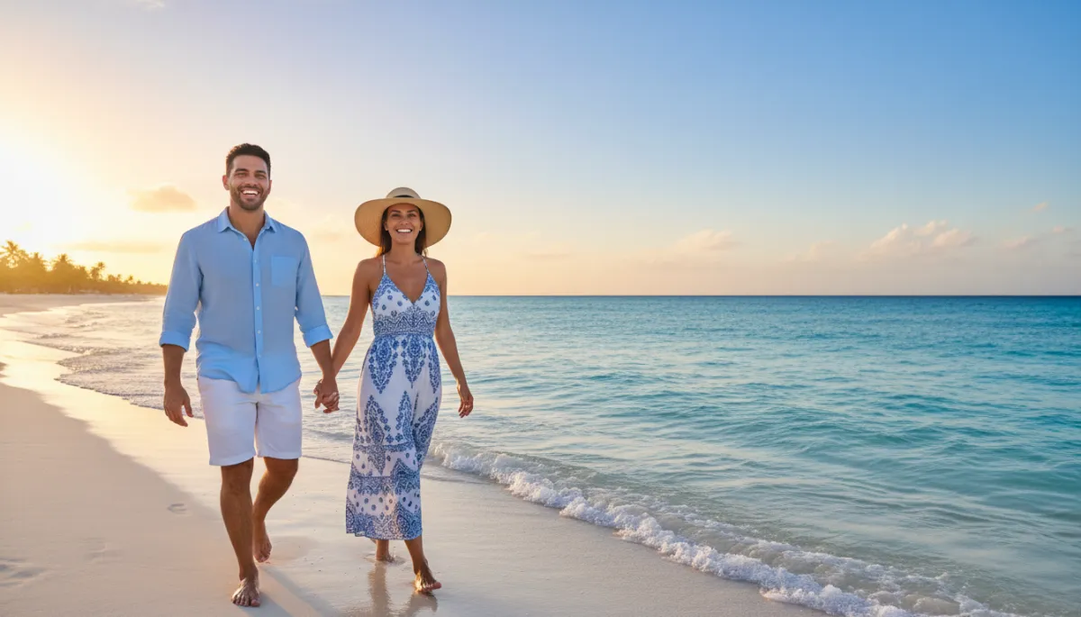 Happy tourist couple enjoying Punta Cana beach after dental treatment