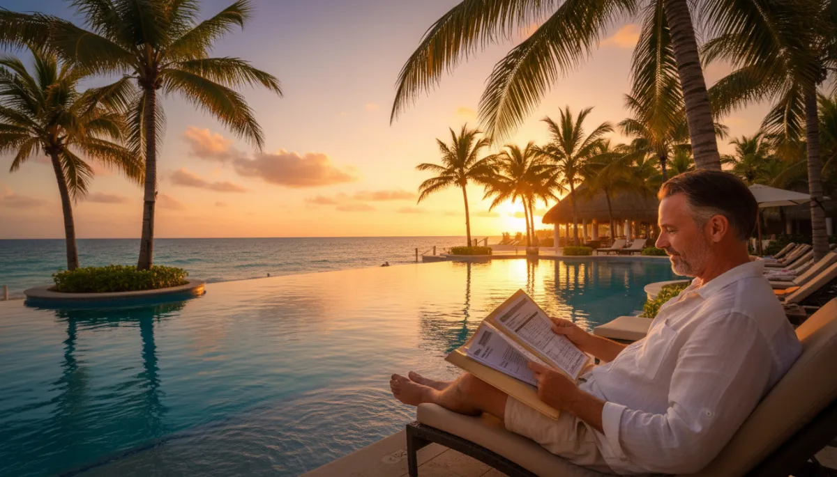 Dental tourist relaxing at a Punta Cana beach resort while reviewing treatment savings