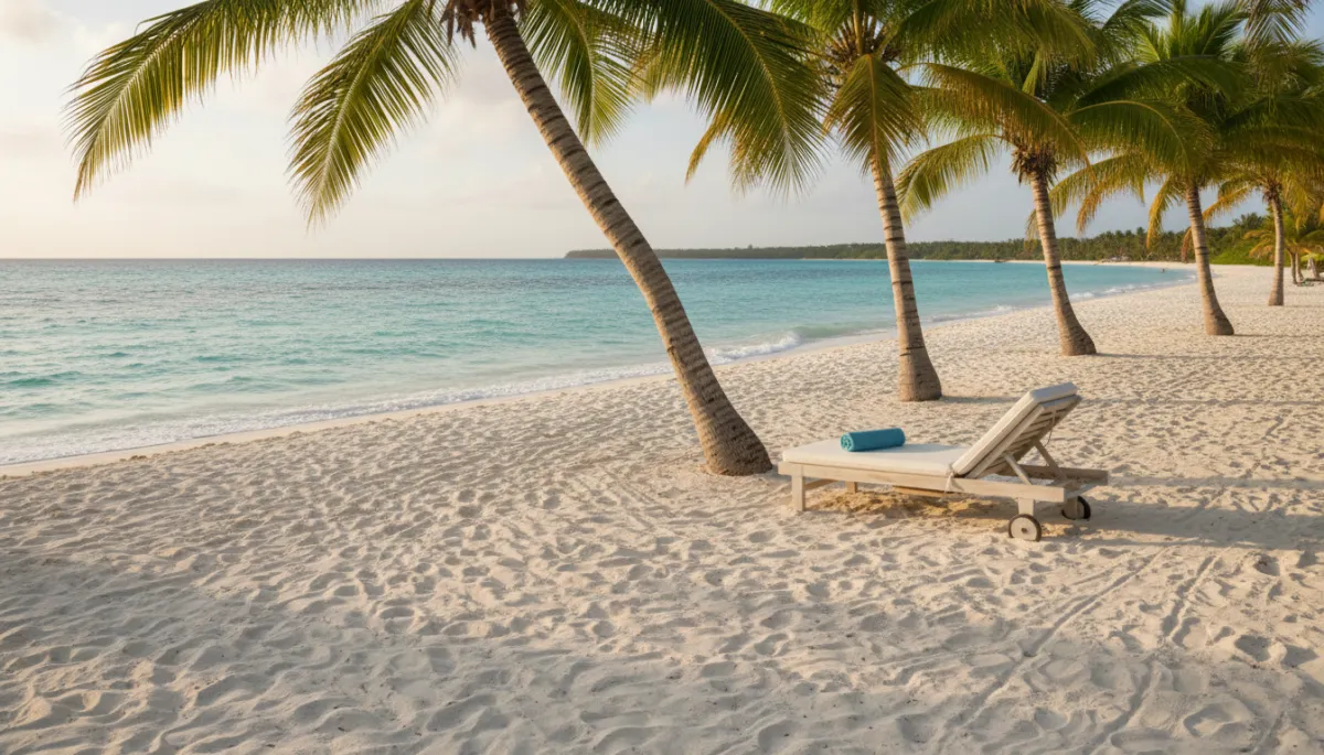 photorealistic wide shot of a serene white-sand beach in Punta Cana with turquoise water, a few palm trees and a lounge chair under shade, soft late-afternoon light, peaceful and inviting atmosphere for post-dental recovery