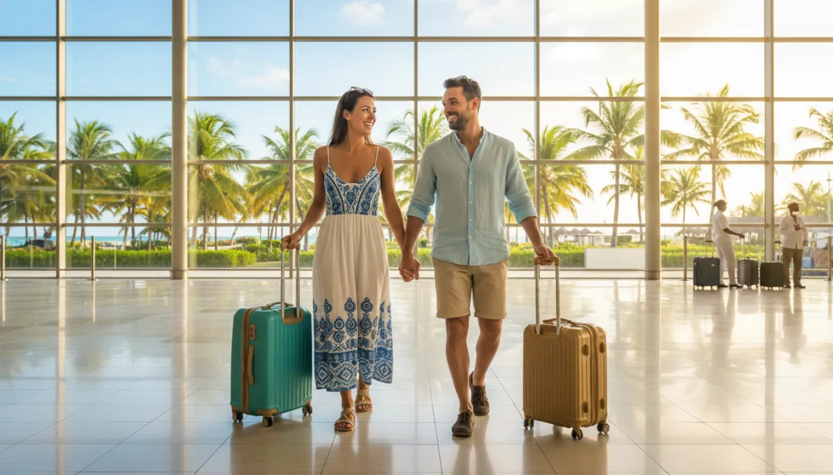 Happy couple arriving at Punta Cana airport for a dental vacation