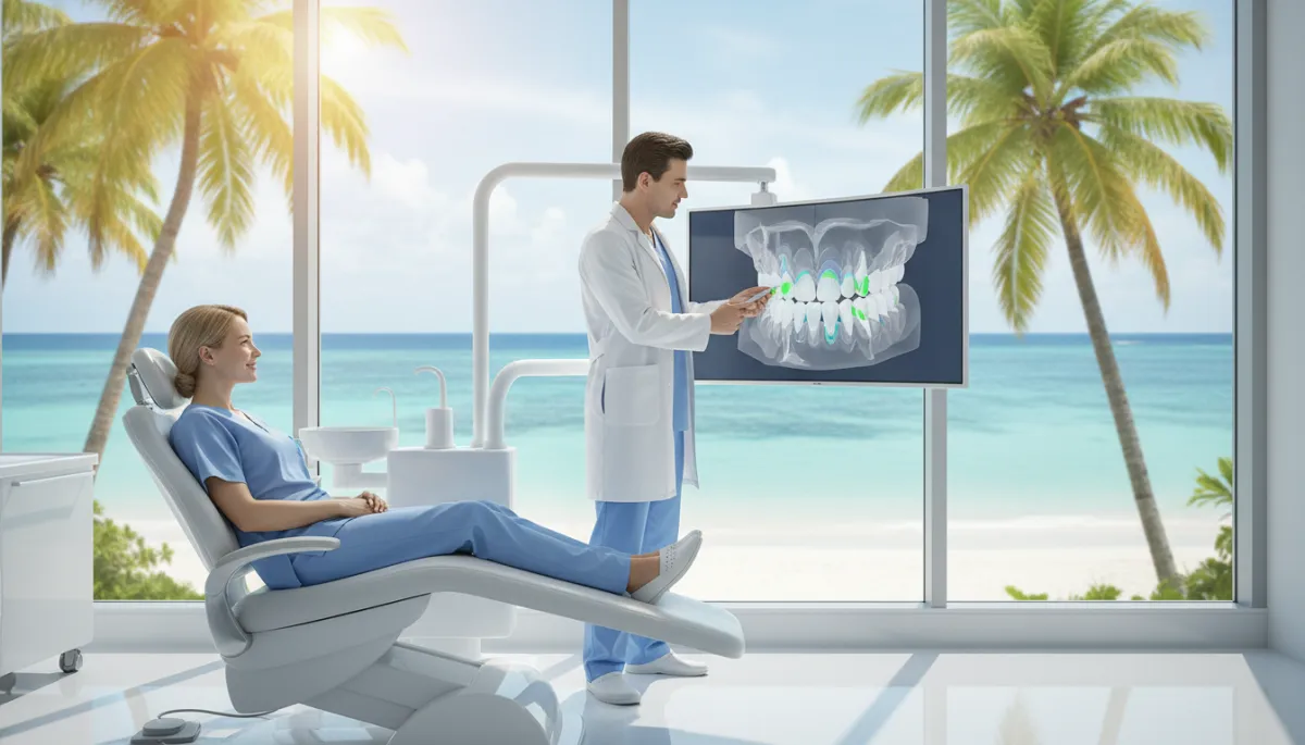 Patient relaxing in modern dental clinic in Punta Cana with tropical view