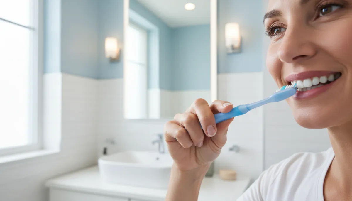 Person brushing carefully around dental implants in a modern bathroom