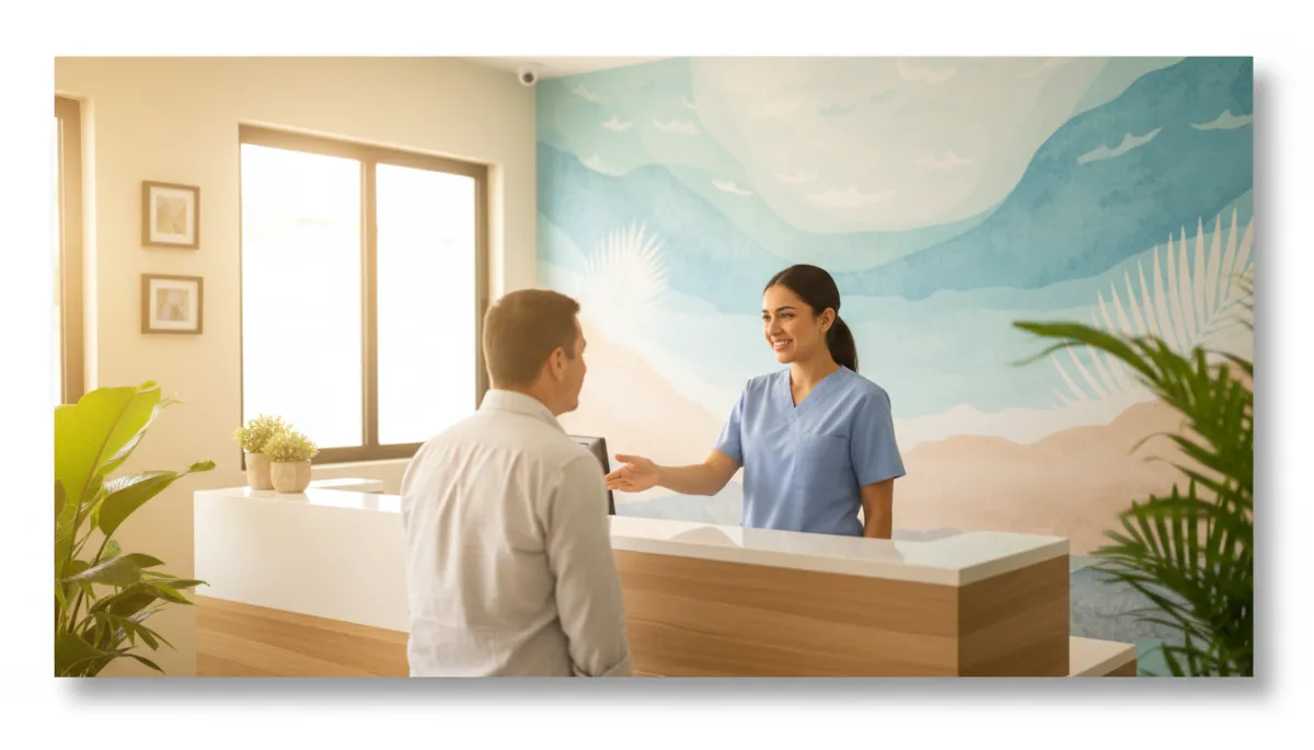 Warm dental team member welcoming an anxious patient in Punta Cana clinic