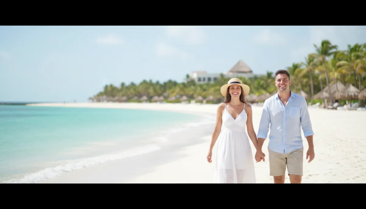 Smiling couple with bright teeth walking along Punta Cana beach