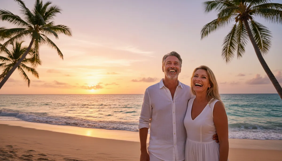 photorealistic lifestyle scene of a mature man and woman in their 50s laughing and smiling confidently on a Punta Cana beach at sunset, gentle waves, palm trees, subtle focus on their natural-looking teeth, warm professional inviting color palette