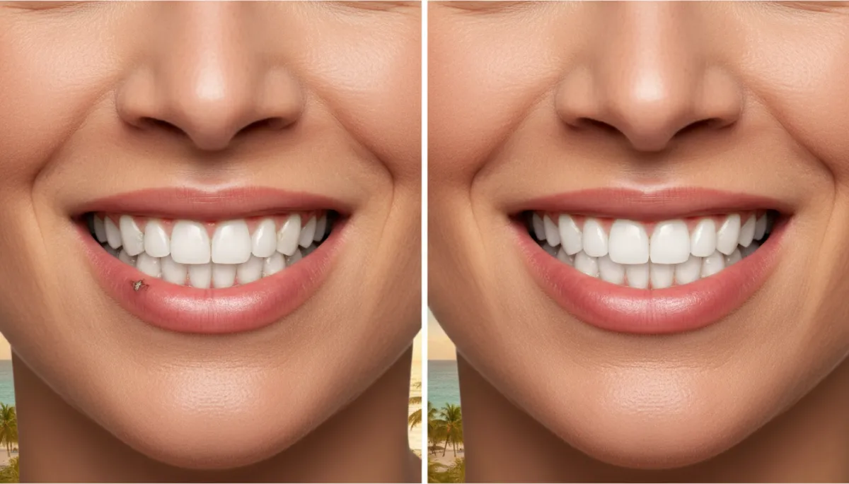 photorealistic close-up of an adult patient smiling confidently, split-screen before-and-after style showing damaged teeth on one side and perfectly restored white teeth on the other, warm premium lighting, subtle tropical background hinting at Punta Cana resort
