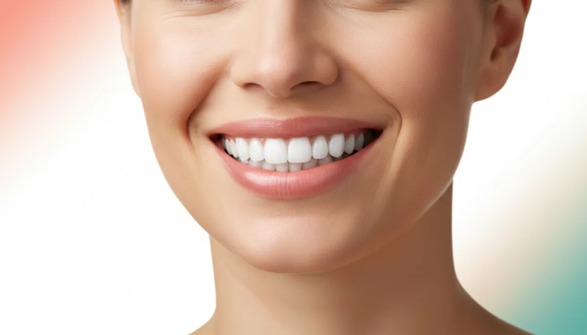 photorealistic close-up of a confident adult smiling with flawless natural-looking zirconia crowns, soft studio lighting, clean white background, premium aesthetic