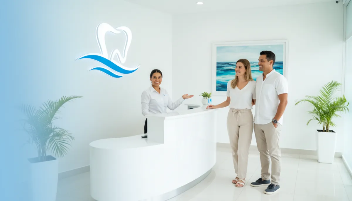 photorealistic bright, modern dental clinic reception in Punta Cana with friendly bilingual receptionist welcoming an international couple, clean white and soft blue tones, subtle tropical accents, large clinic logo on wall, inviting and trustworthy aesthetic