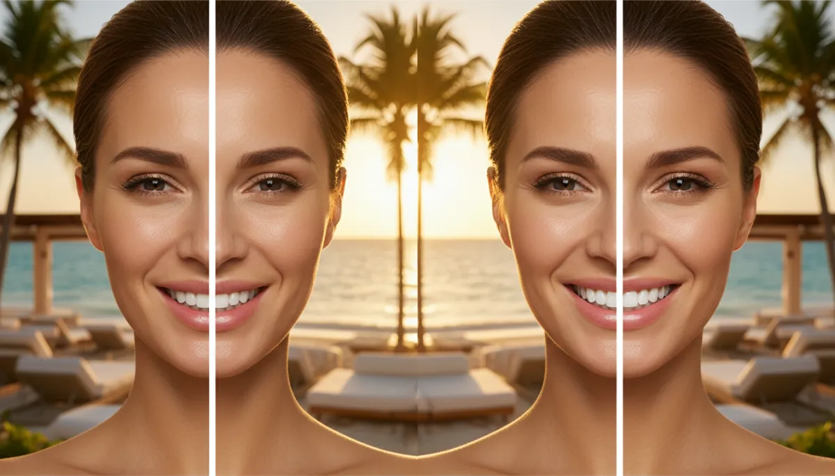 photorealistic close-up of a woman at a luxury Caribbean beachfront resort, split-screen style showing a dull, uneven smile on the left and a bright, perfectly aligned smile on the right, golden sunset light, glamorous and aspirational aesthetic