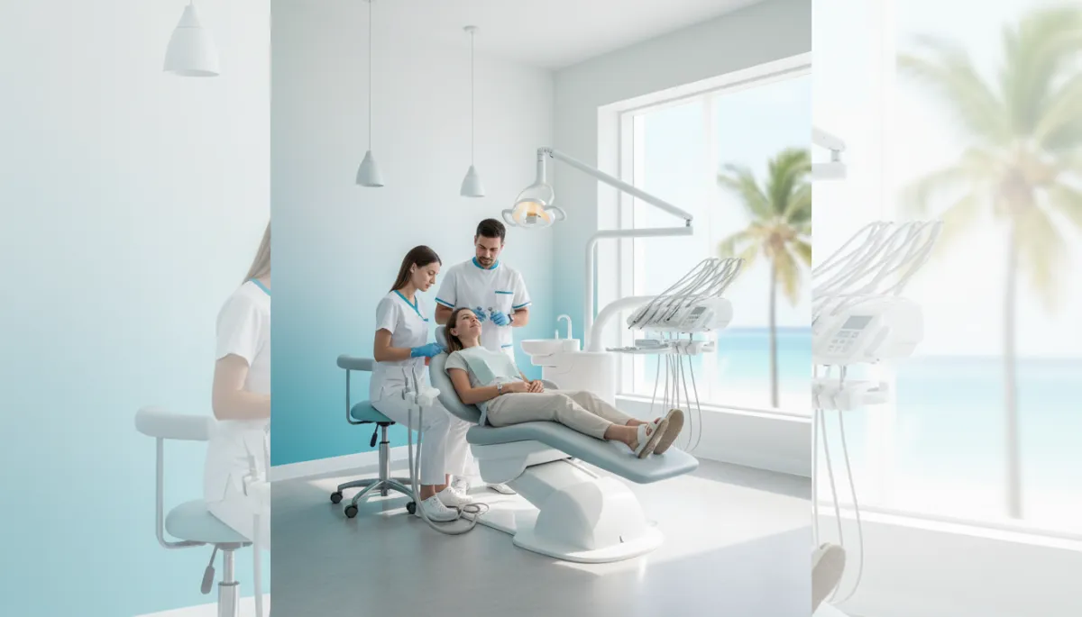 photorealistic wide shot of a modern, bright dental clinic in Punta Cana with a relaxed patient in the chair, dentist and assistant in clean white uniforms using modern equipment, soft natural light, calm blue and white color palette, subtle view of palm trees through window