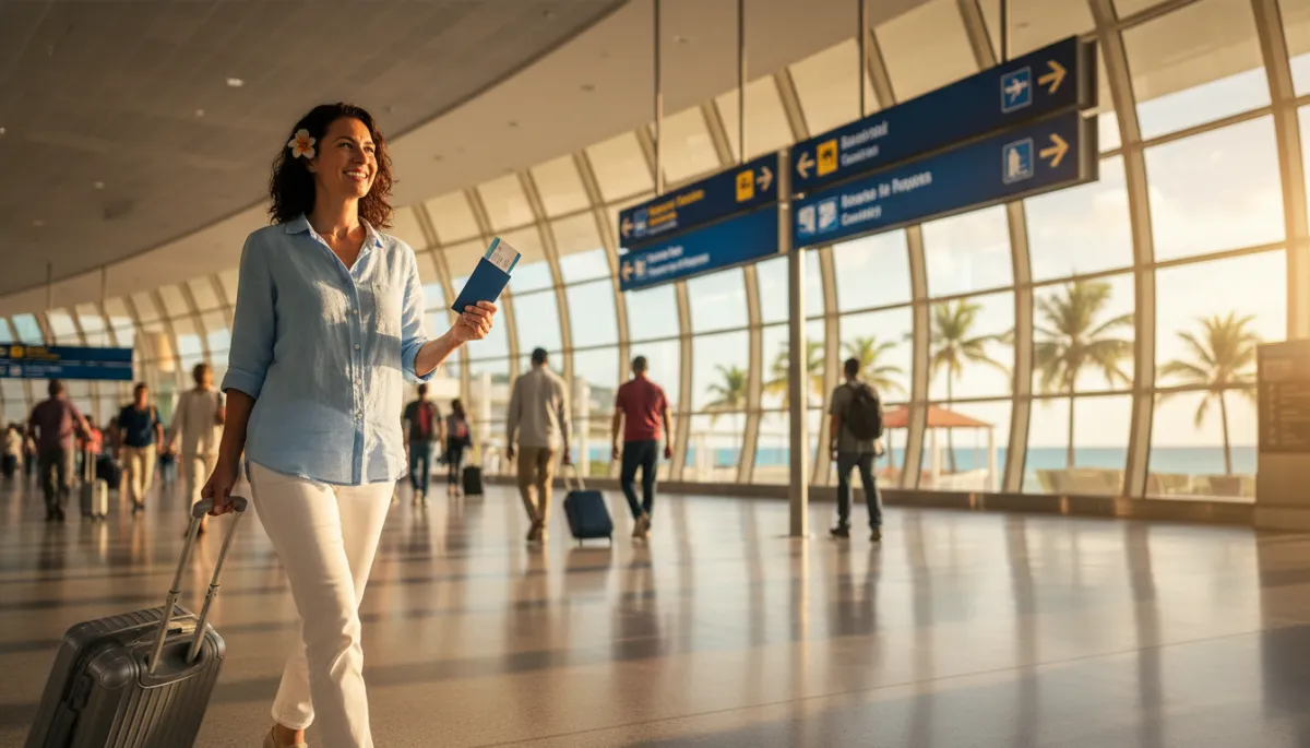 photorealistic energetic scene of an adult traveler at a modern international airport, smiling with rolling suitcase and passport in hand, bright directional signs, soft tropical light hinting at a Caribbean destination, adventurous color palette of blues and warm oranges
