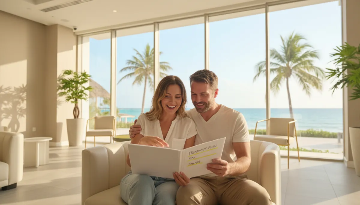 photorealistic smiling North American couple sitting in a bright modern dental clinic lobby in Punta Cana, one holding a folder with treatment plan and highlighted savings, large windows showing palm trees and ocean in the background, optimistic lighting and motivating color palette