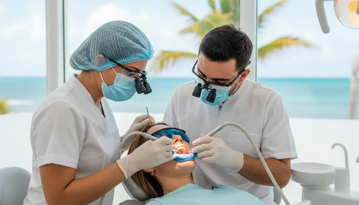 photorealistic close-up of a modern dental implant procedure in a bright, spotless clinic in Punta Cana, dentist and assistant in surgical masks and loupes gently treating a calm patient in the chair, soft natural light, cool professional color palette