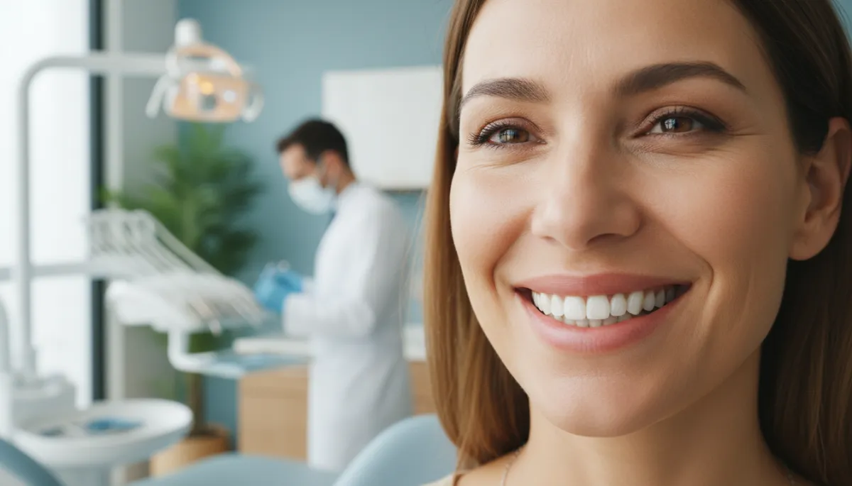 photorealistic close-up of a patient smiling with perfectly restored teeth in a modern dental clinic, dentist in white coat slightly blurred in background, soft natural lighting, clean and professional aesthetic