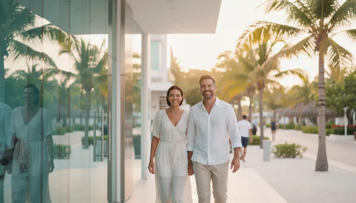 photorealistic smiling man and woman walking out of a modern glass-front dental clinic in Punta Cana, early evening tropical light, they look confident and relaxed, subtle view of palm trees and resort-style street in background, dynamic and aspirational aesthetic