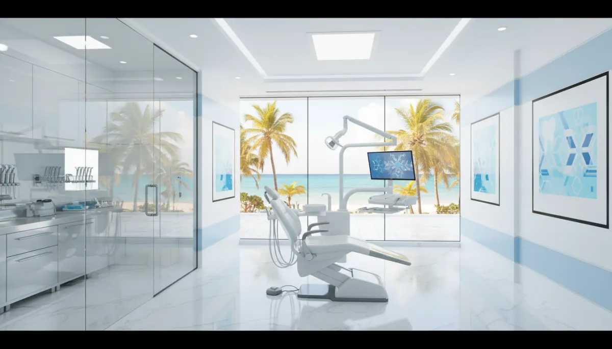 photorealistic wide-angle view of a bright, modern dental clinic in Punta Cana with glass walls, premium dental chair, digital screens, and sterilization area visible, clean white and soft blue tones, professional and trustworthy aesthetic