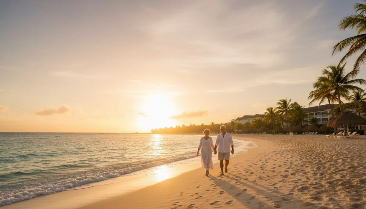 photorealistic warm-toned scene of a smiling senior couple walking along a palm-fringed Punta Cana beach at sunset, gentle waves, resort buildings in background, subtle text space in sky area
