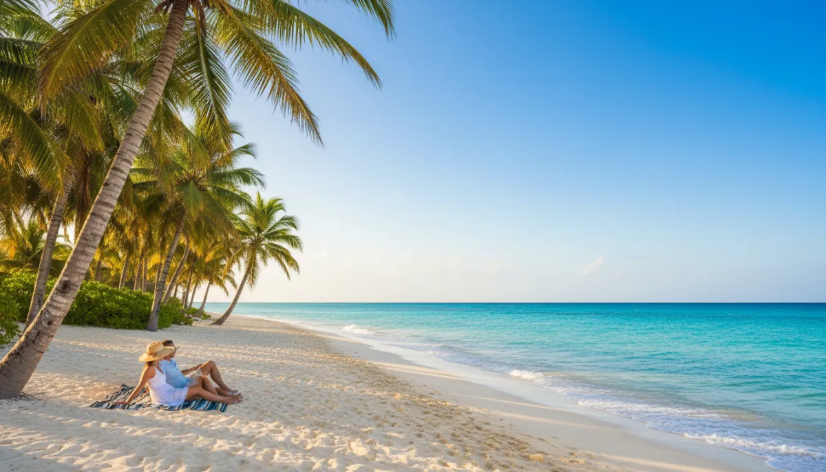 photorealistic wide shot of Punta Cana’s iconic palm-lined white-sand beach with turquoise water, clear blue sky, gentle waves, and a couple relaxing under a palm tree, vibrant colors and sunny peak-season atmosphere